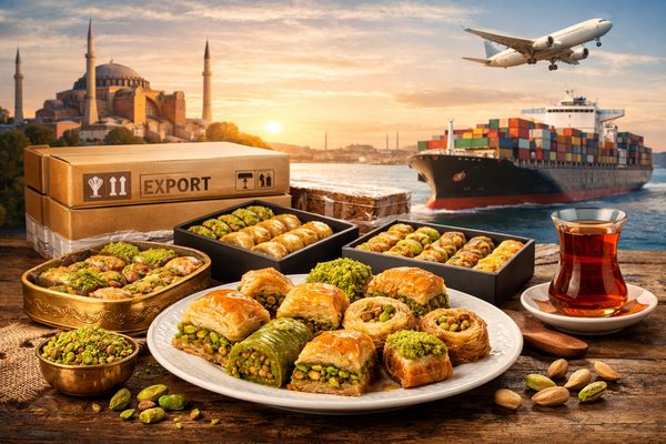 Premium pistachio Turkish baklava quality maintained through export logistics