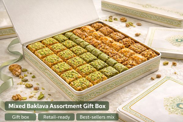 Mixed Baklava Assortment Gift Box Mixed baklava assortment gift box — retail-ready export packaging with pistachio and walnut varieties